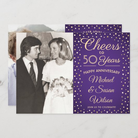 JEDES JAHR 2 Foto Cheers Lila & Gold Party Einladung (Vorne/Hinten)