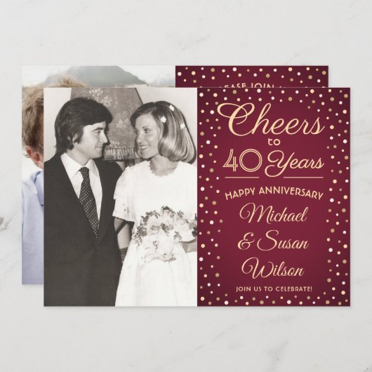 JEDES Jubiläum 2 Foto Cheers Burgundy Gold Party Einladung (Vorne/Hinten)