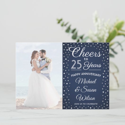 JEDES Jubiläum 2 Foto Cheers Navy & White Party Einladung (Stehend Vorderseite)