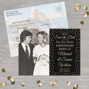 JEDES Jubiläum Save the Date Black & Gold 2 Foto Einladungspostkarte