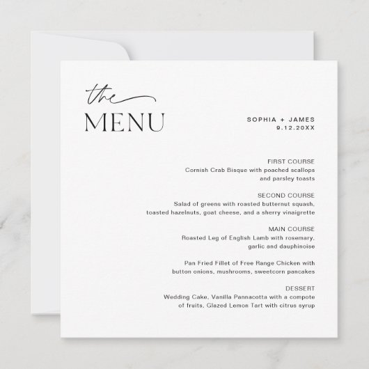 JEDES LEIGH Minimalistisch Square Wedeldinner Menu Einladung (Vorderseite)