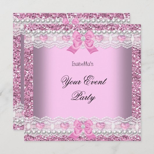 Jedes Party Glitzer rosa Spitzen Herzsilber Einladung (Vorne/Hinten)