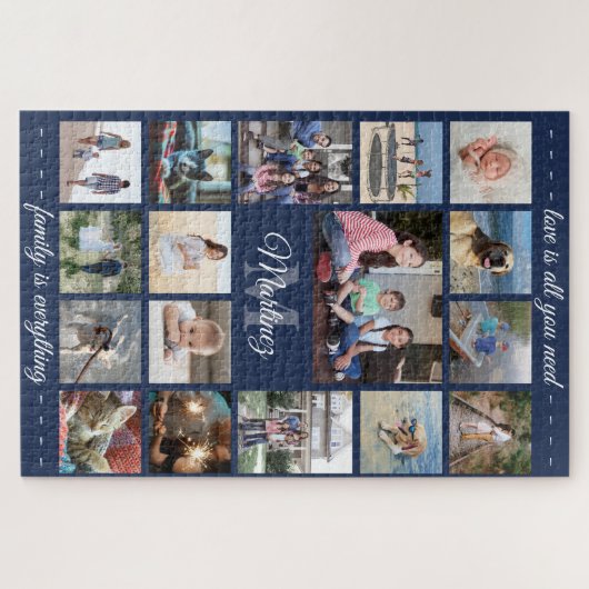 Jedes Zitat Familie Foto Collage Navy Blue Monogra Puzzle (Horizontal)