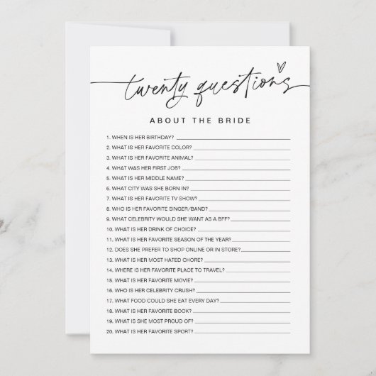 JEDLEIGH 20 Fragen zum Bride Game Einladung (Vorderseite)