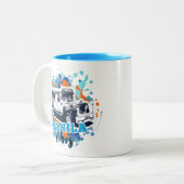 Jeepney Manila Vibes Blue Orange Zweifarbige Tasse (Vorderseite Links)