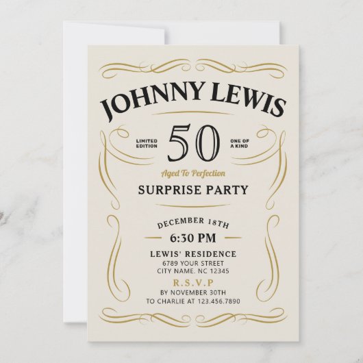 Jegliche Age Whiskey themed Überraschung 50. Gebur Einladung (Vorderseite)