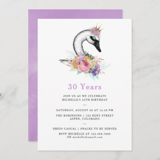 Jegliche alterliche Watercolor Swan Floral Geburts Einladung (Vorne/Hinten)