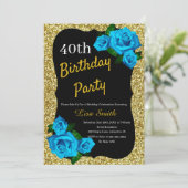 Jegliche Alters Birthday Gold Glitzer Blue Rose Einladung (Stehend Vorderseite)