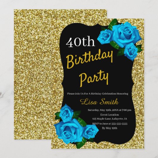 Jegliche Alters Birthday Gold Glitzer Blue Rose Einladung (Vorne/Hinten)