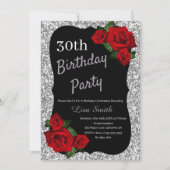 Jegliche Alters Geburtstag Silver Glitzer Rote Ros Einladung (Vorderseite)