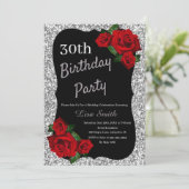 Jegliche Alters Geburtstag Silver Glitzer Rote Ros Einladung (Stehend Vorderseite)