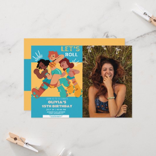Jegliche Altersruderwalze Skate Mädchen Foto Gebur Einladung (Vorderseite/Rückseite Beispiel)