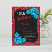 Jegliche Altersstufe Roter Glitzer Blaue Rose Einladung (Stehend Vorderseite)