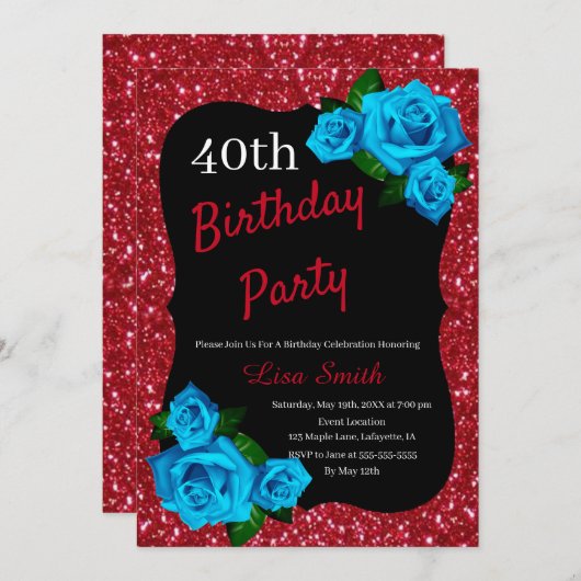 Jegliche Altersstufe Roter Glitzer Blaue Rose Einladung (Vorne/Hinten)