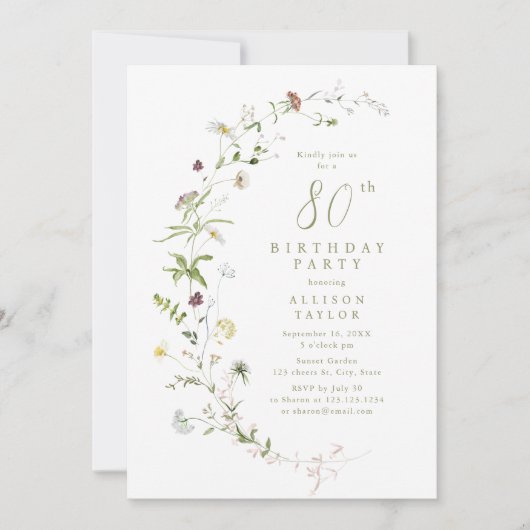 Jegliche Altersstufe Wildblume Rustikaler Boho 80. Einladung (Vorderseite)