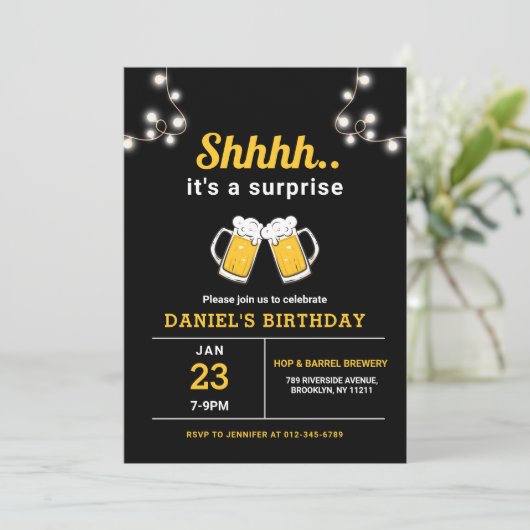 Jegliche Altersüberraschungsbiere Geburtstagsparty Einladung (Stehend Vorderseite)