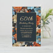 Jegliche Blue Orange Blume 60. Geburtstag Einladung (Stehend Vorderseite)