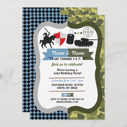 Jegliche Geburtstagspartei von Rittern und Armeegr Einladung (Vorne/Hinten)