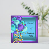 Jegliche Geburtstagsparty Lila Aquamarinen Ballons Einladung (Stehend Vorderseite)