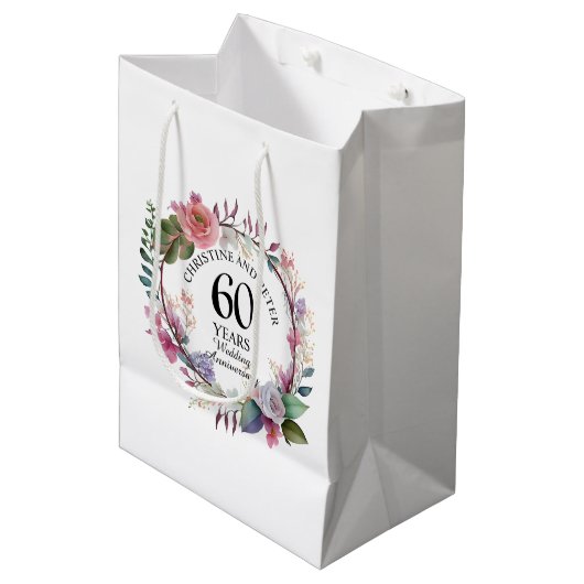 Jegliche Hochzeit (60) Eleganter Blumenjubiläum Mittlere Geschenktüte (Vorderseite Schrägansicht)