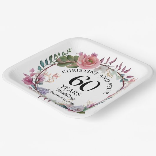 Jegliche Hochzeit (60) Eleganter Blumenjubiläum Pappteller (Gewinkelt)