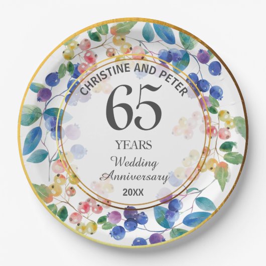 Jegliche Hochzeit (65 Jahre) Gold Frame Berries Pappteller (Vorderseite)