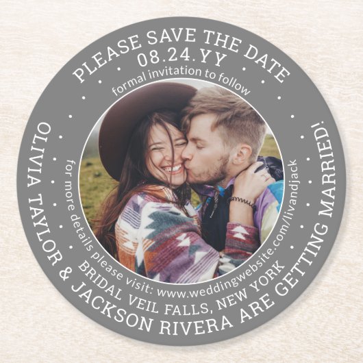 Jegliche Hochzeit speichert das Foto Datum grau un Runder Pappuntersetzer (Vorderseite)