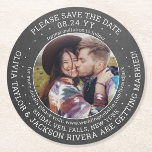 Jegliche Hochzeit von Text speichert die Chalkboar Runder Pappuntersetzer