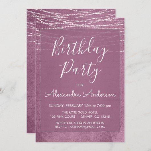 Jegliche Lila String Lights Geburtstagsparty Einladung (Vorne/Hinten)