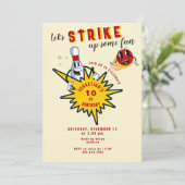 Jegliche Retro Mascot Bowling Geburtstagsparty Einladung (Stehend Vorderseite)