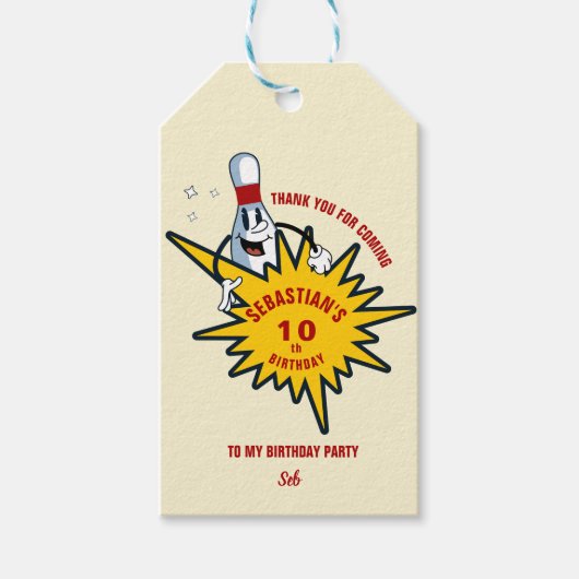 Jegliche Retro Mascot Bowling Geburtstagsparty Geschenkanhänger (Vorderseite)