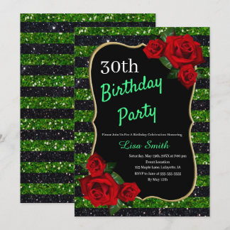 Jegliche Rote Rose eines Geburtstags mit grünen un Einladung