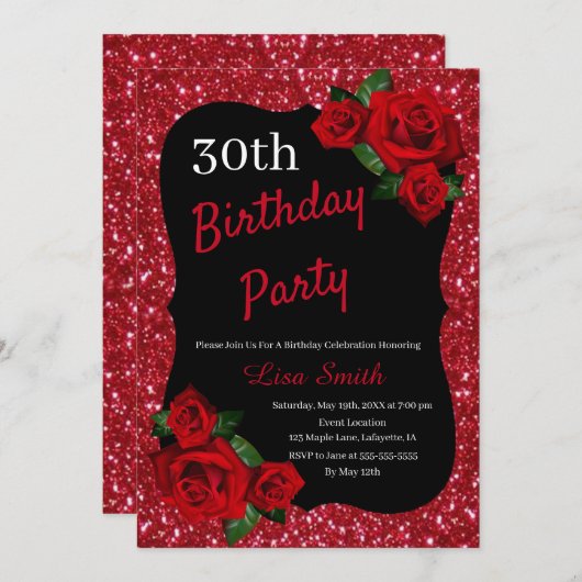 Jegliche Rote Rosen des Alters Roter Glitzer Einladung (Vorne/Hinten)