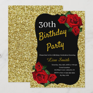 Jegliche Rote Rosen zum Geburtstag-Gold-Glitzer Einladung