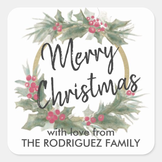 Jegliche Text Wasserfarbe Holly Wreath Elegante We Quadratischer Aufkleber (Vorderseite)