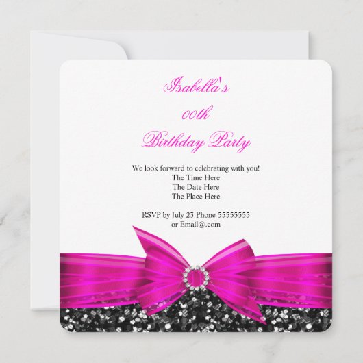 Jeglicher Age Luxus Glitzer Hot Pink Bow Schwarz-w Einladung (Rückseite)