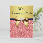 Jeglicher Alter Geburtstag Gold Navy Korallen Sequ Einladung (Stehend Vorderseite)