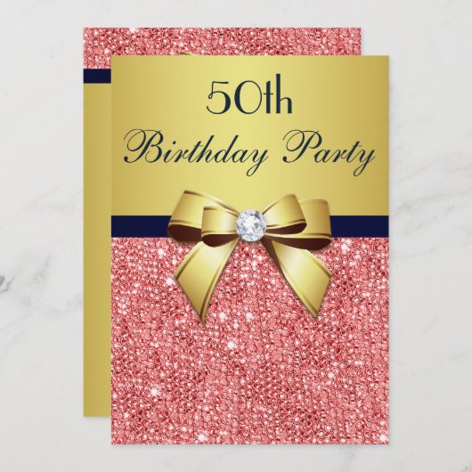 Jeglicher Alter Geburtstag Gold Navy Korallen Sequ Einladung (Vorne/Hinten)