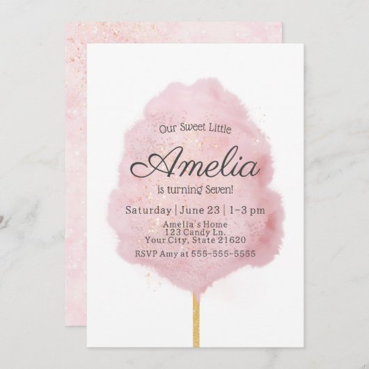 Jeglicher alter rosa Glitzer Cotton Candy Geburtst Einladung (Vorne/Hinten)
