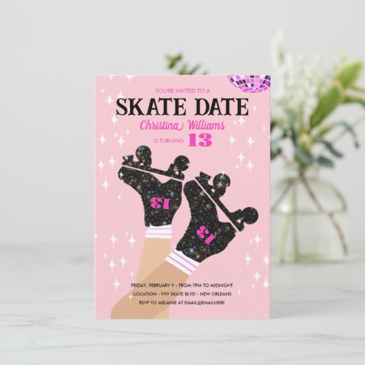 Jeglicher alternativer Rosa Disco Roller Skate Geb Einladung (Stehend Vorderseite)