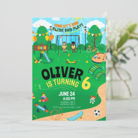 Jeglicher Geburtstag eines überdachten Spielplatze Einladung (Stehend Vorderseite)