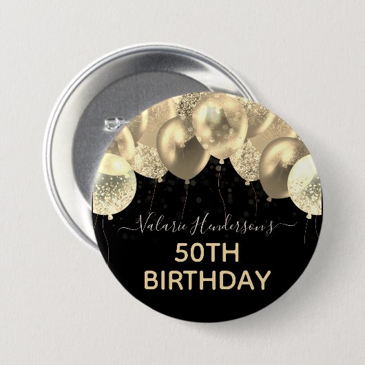 Jeglicher Geburtstag Gold Ballons Button (Vorne & Hinten)