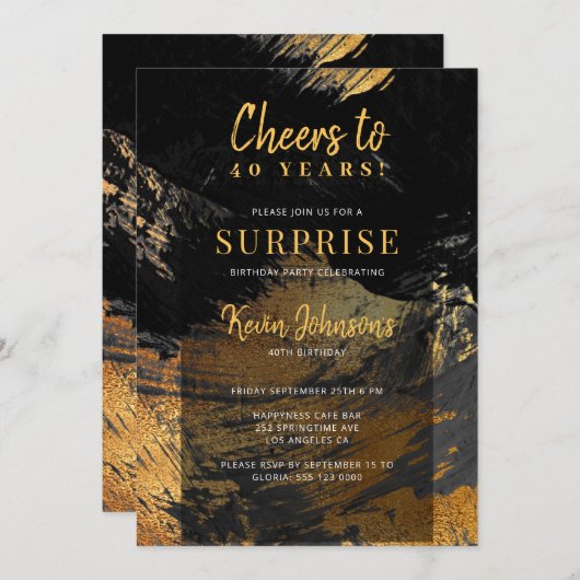 Jeglicher Geburtstag jubelt schwarzes Gold Einladung (Vorne/Hinten)