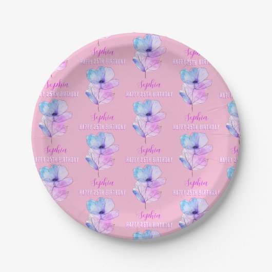 Jeglicher Geburtstag, Name, Rosa und Blau Blume Pappteller (Vorderseite)