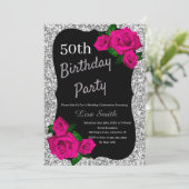 Jeglicher Geburtstag Silber Glitzer Rosa Rosen Einladung (Stehend Vorderseite)
