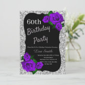 Jeglicher Geburtstag Silberner Glitzer Lila Rose Einladung (Stehend Vorderseite)