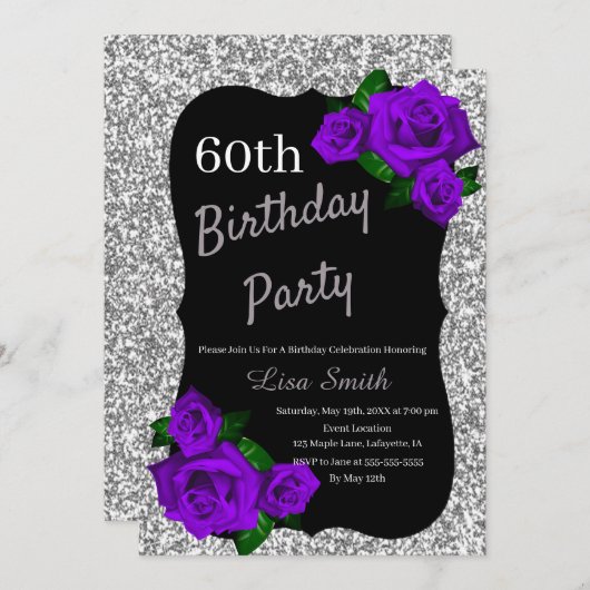 Jeglicher Geburtstag Silberner Glitzer Lila Rose Einladung (Vorne/Hinten)