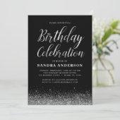 Jeglicher Geburtstag Silver Black Modern Glitzer Einladung (Stehend Vorderseite)