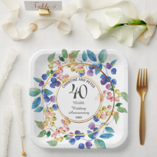 Jeglicher Hochzeitstag (40) Gold Frame Berries Pappteller
