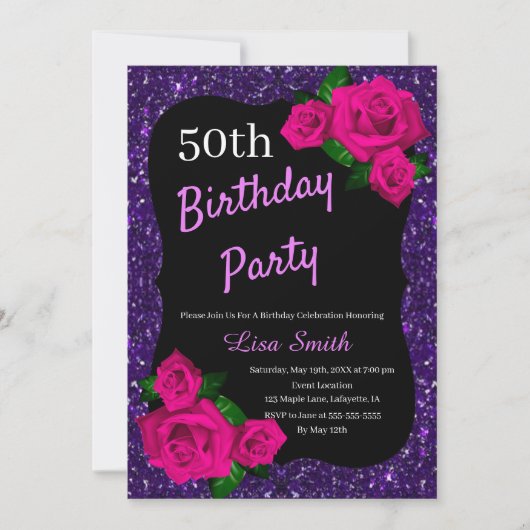 Jeglicher Lila Glitzer Geburtstag Rosen pink Roses Einladung (Vorderseite)